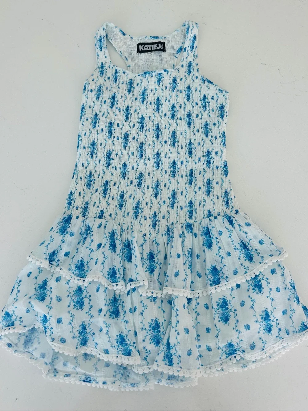Katie J NYC White Dress with Blue Floral Ruffles
